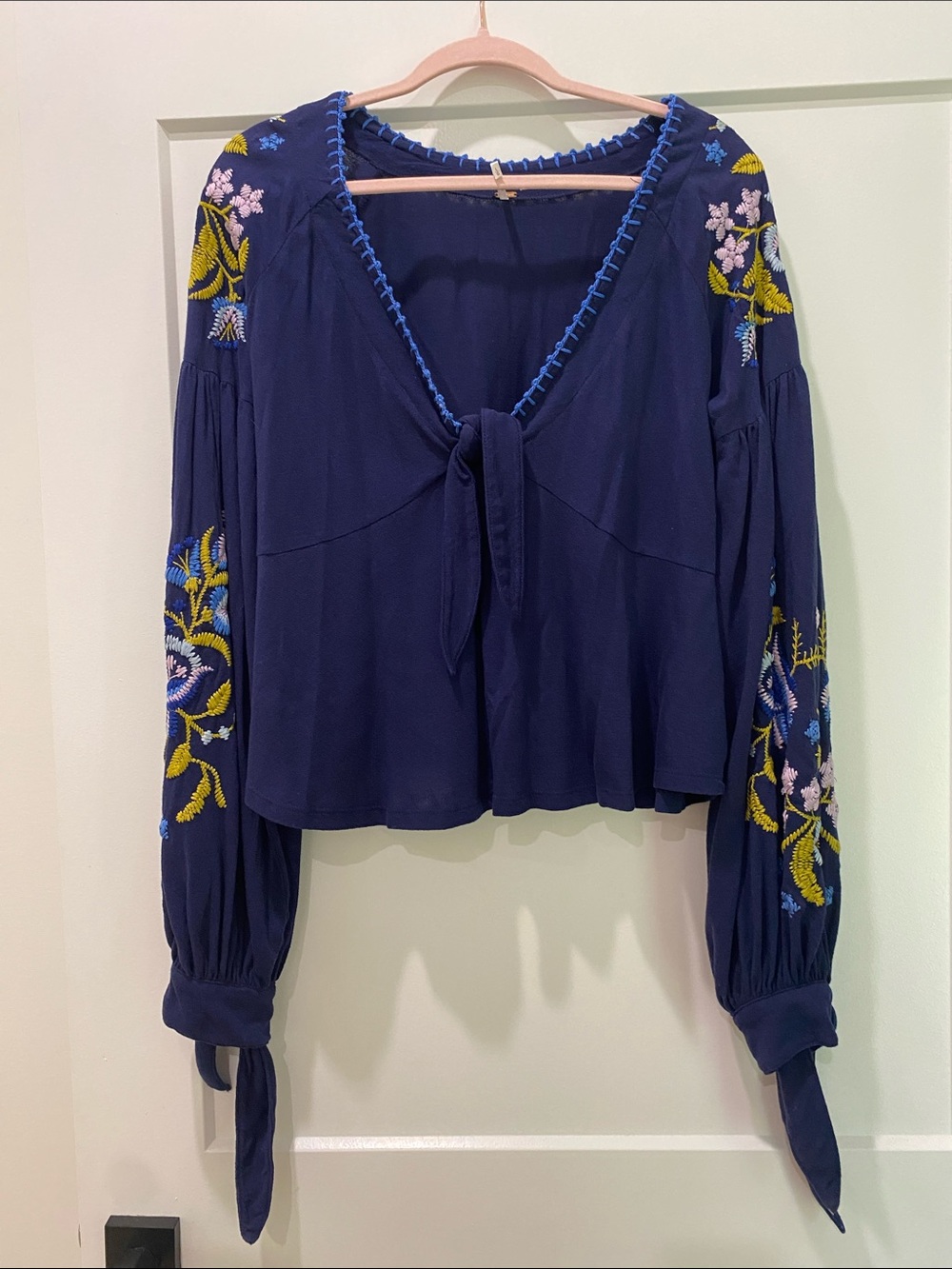 Free People size Large Kara embroidered navy top